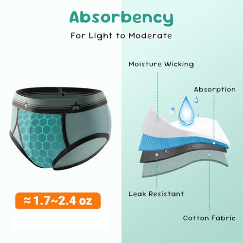 Image of Carer Washable Cotton Front Absorbent Briefs for Boys, 3-Pack Reusable Breathable Leak-Proof Kids Regular Underwear for Light Daytime Incontinence (Multi-Colored, Size 7)
