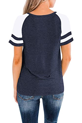 Heymiss Womens Shirts Ladies Casual Crewneck Color Block Tee Summer Short Sleeve Workout Blouse Oversized Tunic Tops Fashion Clothes Navy Blue Xl #TOP2