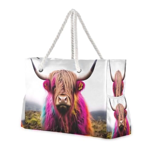 Highland Cow Beach Bag with Top Zipper Closure, Waterproof Pool Bag, Large Beach Tote for Women#48