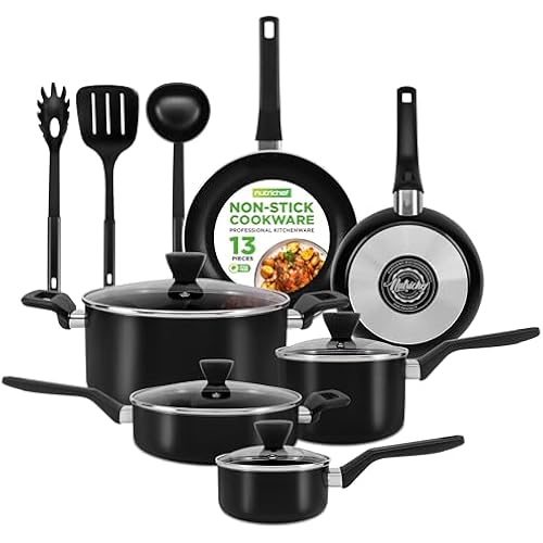 NutriChef 13-Piece Nonstick Cookware - Heat Resistant Kitchen Ware Set w/Saucepan, Frying Pans, Cooking Pots, Casserole, Lids, Ladle, Fork, Strainer - NCCWA13, Black