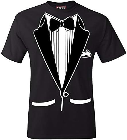 fresh tees Unisex Tuxedo Shirt | Classic Party Humor Vintage Tee | Tux with Bowtie&Pockets | Funny T-Shirt for Men/Women (Small, Black)