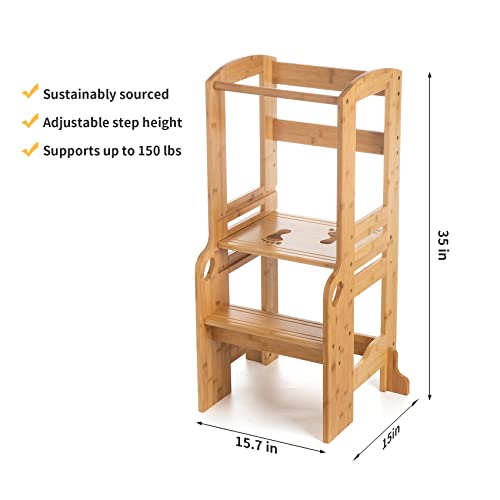 UNICOO® Height Adjustable Bamboo Step Stool for Toddlers | Toddler Step Ladder Step Stool for Toddlers | Kitchen Step Stool | Safe and Sturdy Standing Tower for Kids (Nature- M2.5)