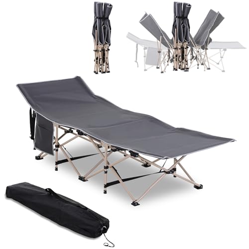 Folding Camping Cot, Portable Bed for Adults with Carry Bag, Elevated Side Pocket, 330 lbs Weight Capacity, Gray