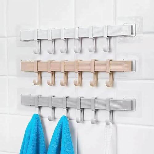 Image of JRM 6 Hook Wall Utensil Rack - Adhesive Plastic Holder for Kitchen, Bathroom & Door - Adjustable Hanger for Towels, Coats, Clothes - Space-Saving Organizer (6 in 1 Adjustable Slider Hook, Pack of 1)