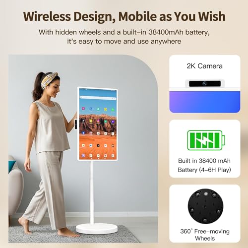 32 Inch Portable Smart TV,1080P Touchscreen Android 15 Monitor on Wheels,5MP Camera,9600mAh X 4 Battery,8+128GB Storage,Voice/Airmouse Remote Control,Rotatable Display for Home/Office/Outdoor