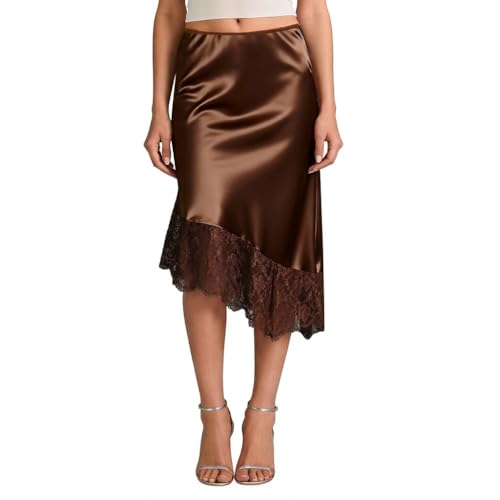 Image of Crsiphee Women Summer Skirt Satin Slip Midi Skirts with Lace Trim A-Line Asymmetrical Skirts Flowy Silky Long Skirt for Going Out Brown L