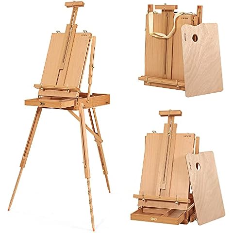 VISWIN French-Style Easels, Holds Canvases Up to 34", Studio & Field Sketch Box Easel with Level Instrument & Scale Leg, Beech Wood Portable French Easel Stand for Painting, Sketching Cover