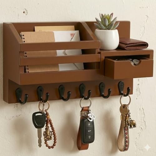 Image of Wooden Wall Mounted Key Holder with Hooks and Organizer Shelf Wall Rack for Letters Wallets and Accessories Home and Office Wall (Brown, Drawer Organizer - 35.5 x 9 x 23 cm)