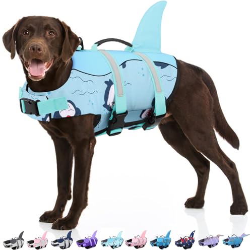 Bess Bridal Dog Life Jacket - Shark Life Vest for Swimming Boating - Reflective Lifejacket Swimsuit for Small Medium Large Dogs - High Buoyancy Lifesaver Preserver with Rescue Handle, Green Dolphin S