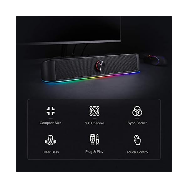 Redragon GS560 Adiemus RGB Desktop Soundbar, 2.0 Channel Computer Speaker with Dynamic Lighting Bar Audio-Light Sync/Display, Touch-Control Backlit with Volume Knob, USB Powered w/ 3.5mm Cable - Image 7