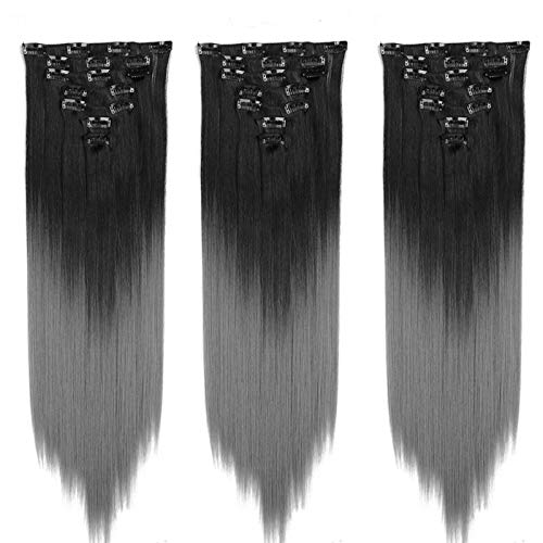 AUConer SC3 23inch Long Black with Ash Grey Clip in Hair Extensions Volume extension hair for DIY Highlight hairpiece 7Pieces 16Clips (23inch-Straight, Black to Light Grey)