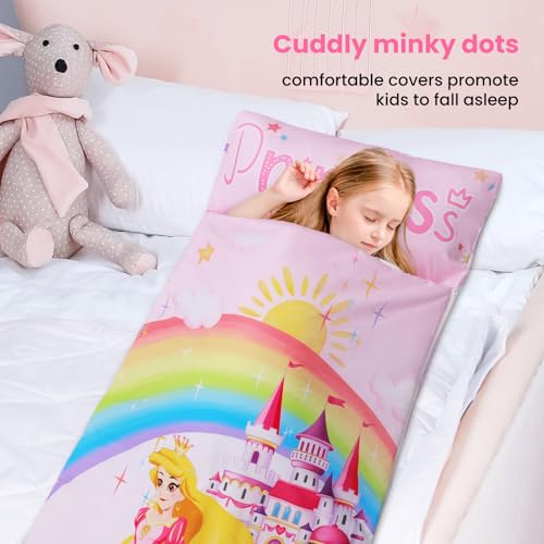 Schlafsack Kinder Doppelter Reißverschluss Weich Warm, Faltbare Kinderschlafsack mit Kissen Abnehmbar für Mädchen Jungen, Leicht Reinigen Schlafsack für Outdoor Indoor Camping, 150×60cm Prinzessin
