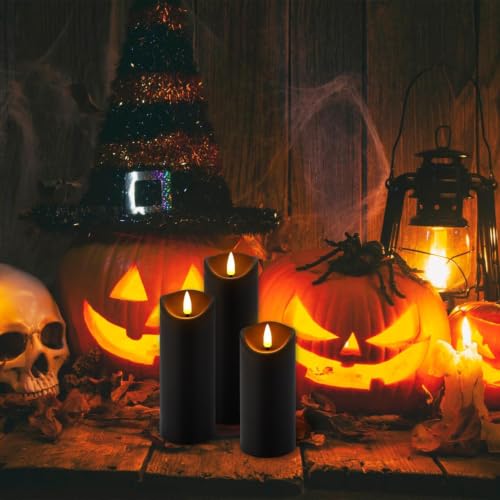 Image of Enpornk 24-Pack Flameless Candles Battery Operated Candles Pillar LED Candles with 10-Key Remote and Cycling 24 Hours Timer for Home Decor,Halloween(Black 5 inch 6 inch 7 inch)