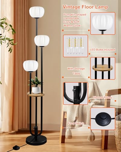 Image of Black Floor Lamp Dimmable Modern Floor Lamps with Pumpkin Lampshade & Table, 3000K Soft Warm White Bulbs Included, 3-Light Tall Standing Lamp with 5Lbs Heavy Base for Living Room /Bedroom