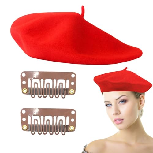 EHDWXVZM 1 boina vermelha, 2 clipes, boina de mulher, boina de bombim, chapéu de pintor retro, chapéu francês, gorro de lã, Vermelho