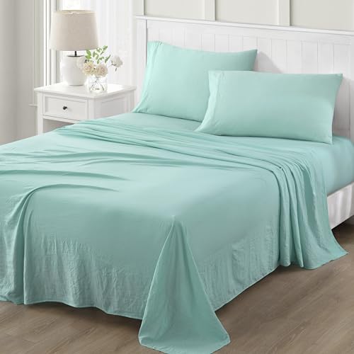 Martha Stewart Blue Tint Queen Sheet Set - 4 Piece, Ultra Soft, Washed Microfiber, Solid Aqua Turquoise Bed Sheets, 1 Flat Sheet, 1 Fitted Sheet, 2 Standard Pillowcases