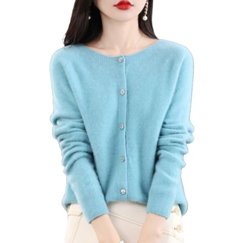 TeysHa Cardigan en Cachemire pour Femmes, Pull en Laine à col Rond boutonné à Manches Longues, Pull élastique en Tricot Doux et Chaud (Lake Blue,Large)