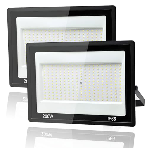2 Piezas Focos LED Exterior 200W, Tkdaksy 1M Cable Blanco Frío 6500K Proyector LED Exterior, Resistente al Agua IP66 Foco Proyector LED, 20000LM para Terrazas, Patios, Cuadrado, Parques, Garajes, Fábr