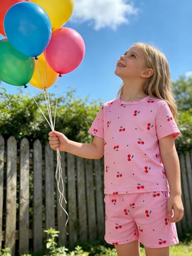 Image of KIDLAGA Girls Two Piece Sets Cherry Pattern Short Sleeve Shirts and Shorts Set With Pockets Girls Summer Outfits Size 7-14