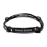 MENKËLL - Bracciale Personalizzato Unisex - Cordoncino Regolabile, Placca in Acciaio Inox - Incisione Laser Precisa - Inossidabile - Idea Regalo di Coppia (Nero)