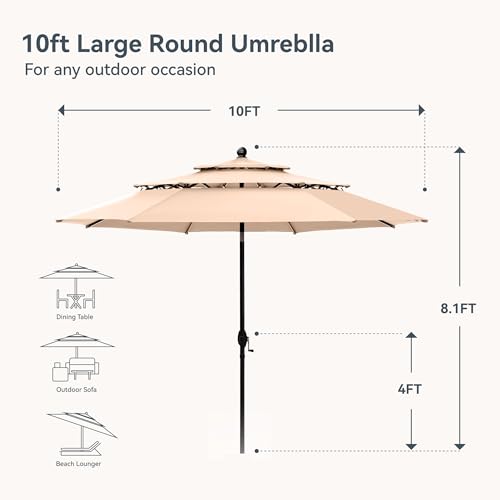 Image of PHI VILLA 10ft Patio Umbrellas, Outdoor 3 Tier Vented Large Market Table Umbrella with 8 Sturdy Ribs and 1.5 inch Umbrellla Pole for Lawn Poolside Garden Terrace, Beige(No Base)