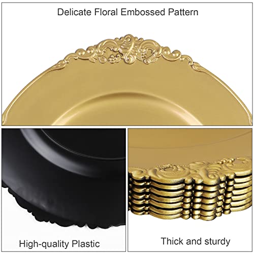 Breroa 8 Pack Gold Charger Plates With Embossed Rim Round Plastic Dinner Plates 13 Inches Antique Floral Serving Plates For Weddings, Table Setting, Holiday Parties #TOP2