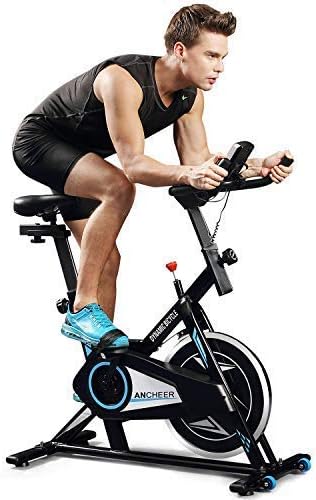 ANCHEER Exercise Bike with APP connection, 35LB Flywheel Max.300LB Indoor Cycling Bike, Belt Drive Stationary Bike, Adjustable Resistance, LCD Monitor, Pad/Phone Holder