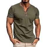 Asamqu Mens Short Sleeve Shirts Casual Summer Cotton Henley Shirts Slim Fit Classic T-Shirts ArmyGreen