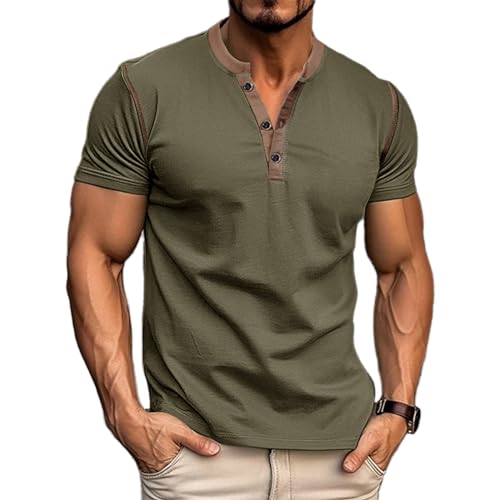 Asamqu Mens Short Sleeve Shirts Casual Summer Cotton Henley Shirts Slim Fit Classic T-Shirts ArmyGreen