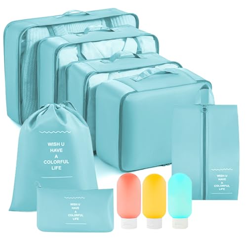 Packing Cubes - 10 Pieces Luggage Sets Waterproof Suitcase Organizer Mesh Packing Bags Clothes Shoes Cosmetics Toiletries Space Saver Storage Bags with Portable Bottles for Travel (Blue)