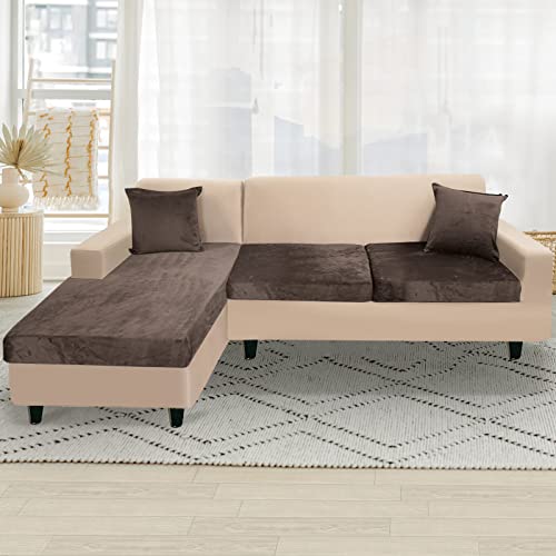 Naisi Sectional Couch Cover 3 Pieces Velvet Separate Couch Cushion Covers L Shape Soft Stretch Sofa Slipcovers With 2Pcs Pillowcases For Left/Right Chaise Sectional Couch(2 Seater+1 Chaise,Brown) #TOP1
