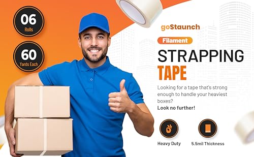 Image of Filament Strapping Tape (1 /2 inch x 60 yds, Pack of 6) Transparent 5.5mil Reinforced Fiberglass Tape - Synthetic PET Adhesive Heavy Duty