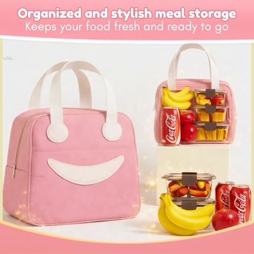 Image of Toy Imagine 6.5L Insulated Lunch Bag for Kids Office School Men Women Smiley Face Tiffin Bag Snack Tote Bag Compact Portable Leak Proof Tiffin Pouch Hot and Cold Lunch Box Bag for Boys and Girls(Pink)