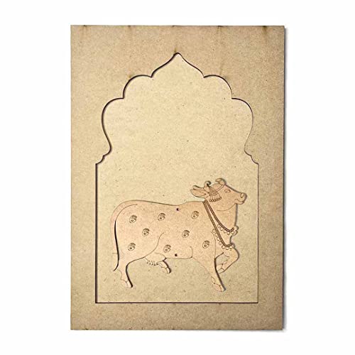 Image of Adikala Mdf Jharokha With Pichwai Cow Left Side face Engraved Design & Square Shaped Base Cutout For DIY Craft-Set Of 2