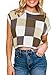 Saodimallsu Womens Cap Sleeve Crop Tops Summer Color Block Going Out Crew Neck Knit Trendy Casual Sweater Khaki