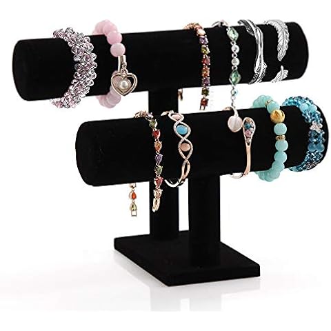 Pinkgarden 2 Tier Velvet Jewelry Stand Display, T-Bar Jewelry Organizer, Bracelet Holder for Bracelet Necklace Watch (Black) Cover