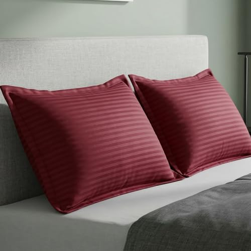 Image of Home Sizzler 210TC Satin Stripe Microfibre King Size Pillow Covers (18 X 27 Inches) - Maroon, Set of 2