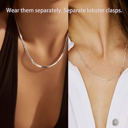 Herringbone Necklaces for Women, Hypoallergenic 18K Real Gold Plated Choker Necklace for Men Girls, 2Pcs Silver Necklace Set, Layering Necklaces(Individual Lobster Clasp)4