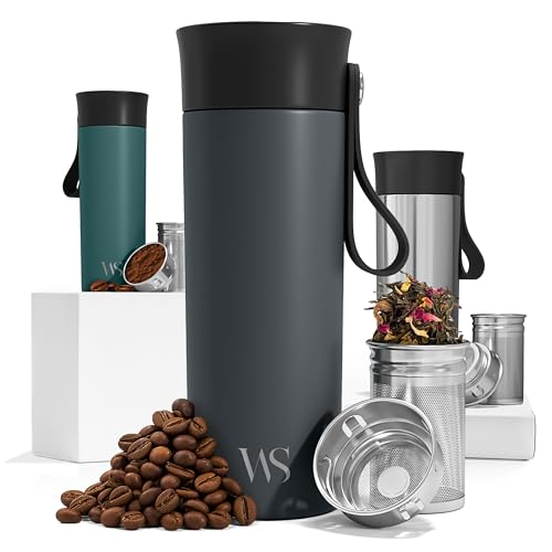 Mug Isotherme Transportable Thermos Café avec Sangle & Infuseur à Thé en Acier Inoxydable – 360 ml | 6h Chaud - 10h Froid, Tasse à Café Inox...