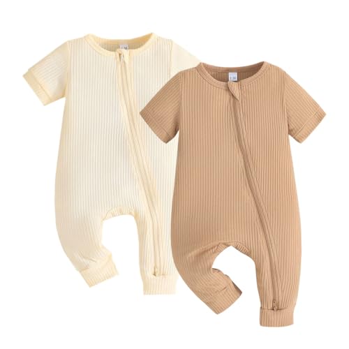 Image of Bafeicao Newborn Baby Boys Girls 2 Pack Rompers Short Sleeve 2 Way Zipper Romper One Piece Jumpsuits Outfits Clothes