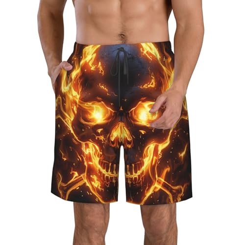 Men's Quick Dry Swim Shorts Flaming Skull and Fire Cross Bones Death Dark Beach Trunks with Pockets