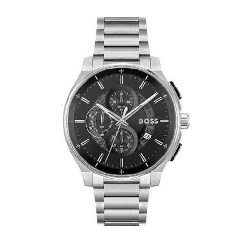 Image of BOSS Peak 2.0 Qtz Chrono Black Round Dial Men's Watch|Stainless Steel Material|Silver Color Band - 1514191