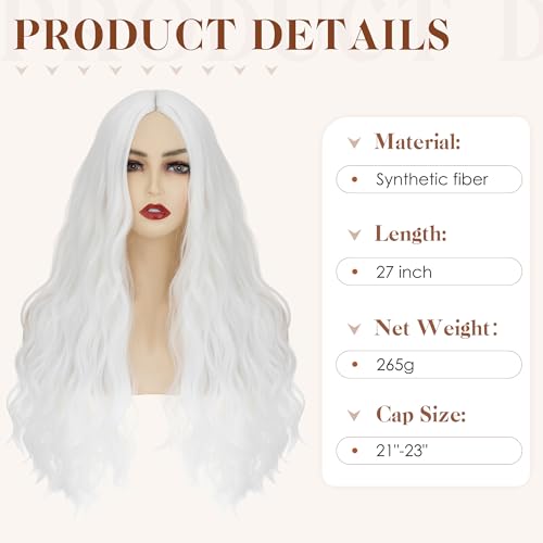 Image of S-noilite White Wig for Women 27 inch Long Curly Wavy Middle Part Wig Seamless Hairline Heat Safe Synthetic Hair Colorful Anime Cosplay Halloween Costume Party Wig