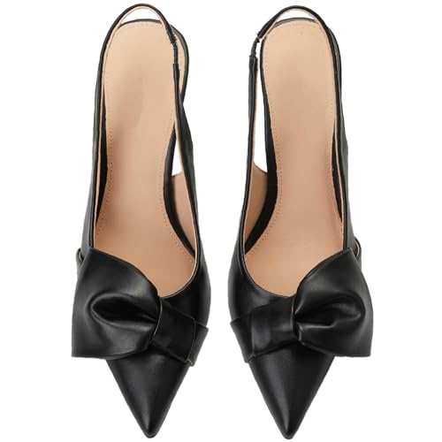 Image of Women's Slingback Heels with Bow Pointed Toe Pumps with Elasticated Strap 3.3 inch High Heels for Evening Dress Shoes