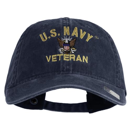 e4Hats.com US Navy Veteran Military Embroidered Washed Solid Pigment Dyed Cotton Twill Brass Buckle Cap - Navy OSFM