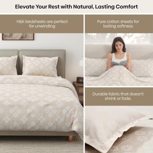 Image of Haus & Kinder Double Bed Bedsheet for Queen Size Bed with 2 Pillow Covers 90 Inch x 100 Inch | Premium Soft & Silky Pure Cotton 300 TC Flat Double Bedsheet | Crystal Loom Beige