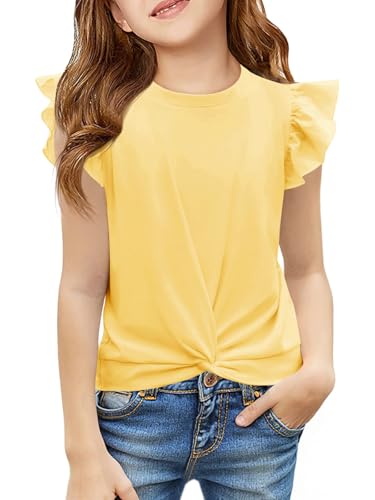 Haloumoning Girls T Shirts Ruffle Sleeve Twist Front Tshirts Summer Casual Crewneck Tees Tops 5-14 Years