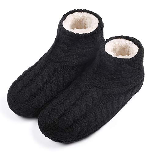 EverFoams Women's Yarn Cable Knit Fuzzy Slipper Socks with Grippers Cozy House Slippers with Warm Fleece Lining for Cold Winter (Size 5-8, Black)