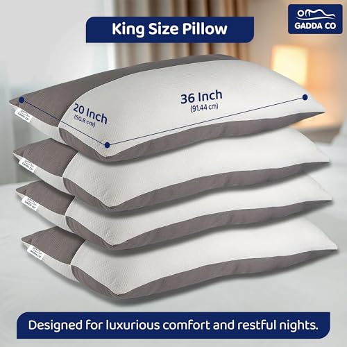 Image of GADDA CO Hollow Fiber King Size Sleeping Pillows, Set of 4 -Soft & Fluffy, Height Adjustable, Microfiber Fill, Hotel-Like Comfort, Cloud-Like Sleep, Neck & Shoulder Support, 36 x 20 Inch, White & Grey
