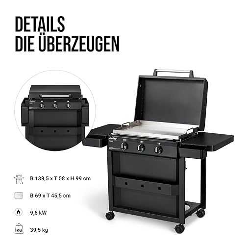 Enders AMARO 3 Plancha Gasgrill Griddle, 3 Edelstahlbrenner, massive Edelstahl-Plancha mit Tragegriffen, große Grillfläche, abnehmbare Haube, 4 Haken, abnehmbare Körbe, Ablagefach #82216